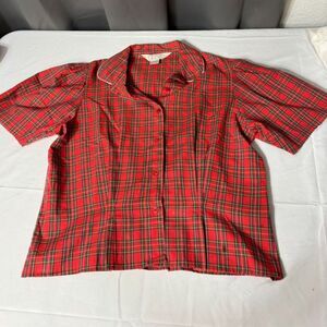 Vintage JRS Red Plaid Button-Up Blouse Size L Short Sleeve Cotton Blend